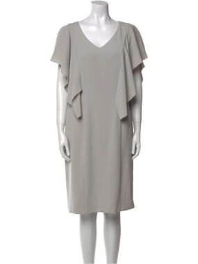 St. John Light Gray V-Neck Midi Dress with Cascade Sleeves